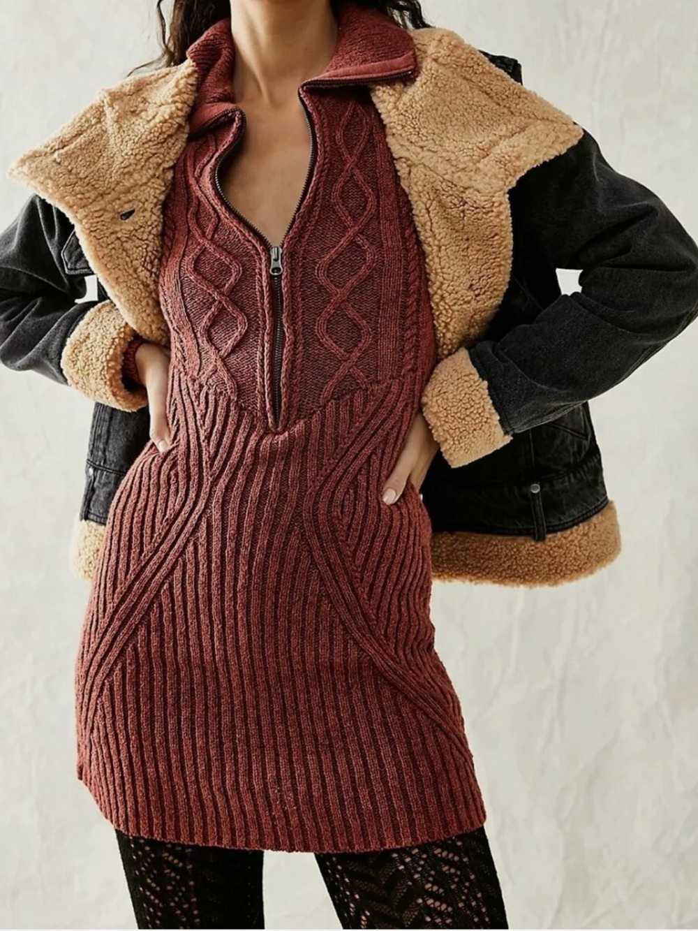 Revolve x Free People Mont Blanc Cable-Knit Mini Sweater Dress in Red Jasper